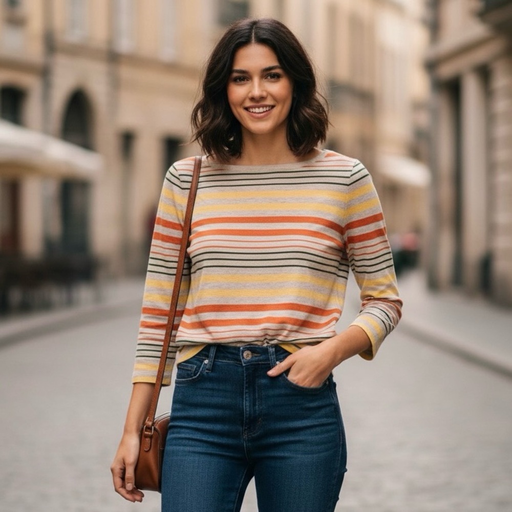 Talbots Quarter Sleeve Striped Top - Orange, Yellow, Green 🍂